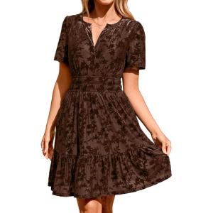 imageSimplee Womens 2025 Velvet Short Sleeve Cocktail Dress Fall Winter Casual V Neck Empire Waist Mini Dresses with PocketsCoffee
