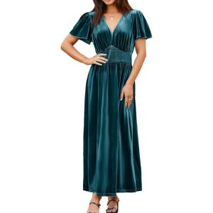 imageSimplee Womens Short Sleeve Velvet Maxi Dress V Neck Empire Waist Long Formal Wedding Guest DressesTeal Blue