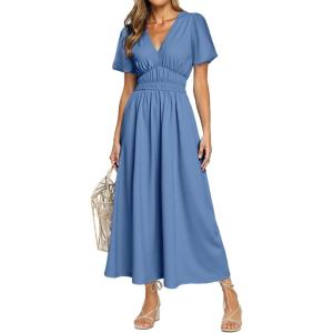imageSimplee Womens Summer Flowy Midi Dress Casual V Neck Short Sleeve Empire Waist Boho Beach Wedding Guest DressesBlue