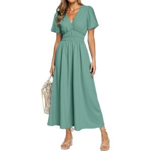 imageSimplee Womens Summer Flowy Midi Dress Casual V Neck Short Sleeve Empire Waist Boho Beach Wedding Guest DressesBlue Green