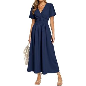 imageSimplee Womens Summer Flowy Midi Dress Casual V Neck Short Sleeve Empire Waist Boho Beach Wedding Guest DressesNavy Blue