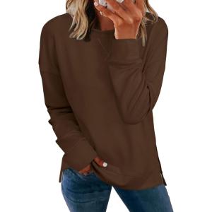 imageSimplee Womens Sweatshirt Long Sleeve Crewneck Striped Sweatshirt for Women 2024 Trendy Fall Tops Pullover SweatshirtsSolidbrown