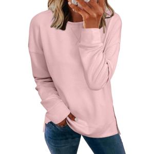 imageSimplee Womens Sweatshirt Long Sleeve Crewneck Striped Sweatshirt for Women 2024 Trendy Fall Tops Pullover SweatshirtsSolidpink