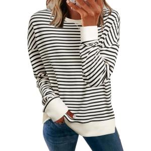 imageSimplee Womens Sweatshirt Long Sleeve Crewneck Striped Sweatshirt for Women 2024 Trendy Fall Tops Pullover SweatshirtsStripedblack