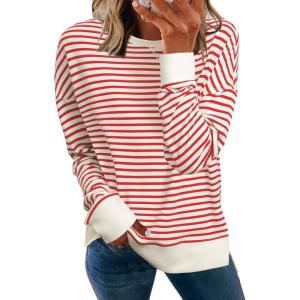 imageSimplee Womens Sweatshirt Long Sleeve Crewneck Striped Sweatshirt for Women 2024 Trendy Fall Tops Pullover SweatshirtsStripedred