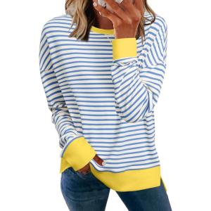 imageSimplee Womens Sweatshirt Long Sleeve Crewneck Striped Sweatshirt for Women 2024 Trendy Fall Tops Pullover SweatshirtsStripedyellow Block