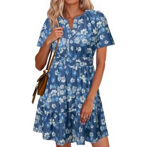 imageSimplee Womens Summer Denim Dress Casual Short Sleeve Mini Dress Boho Beach Flowy Tiered Short Jean Dresses with PocketsDenim Floral 1