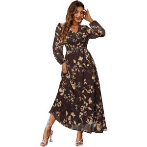 imageSimplee Womens Boho Floral Maxi Dress Flowy Casual V Neck Short Sleeve Wedding Guest Holiday Beach Long Dress2brownlong Sleeve
