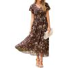 imageSimplee Womens Floral Maxi Dress Short Sleeve Summer Boho Wedding Guest Dress Empire Waist Chiffon Modest Midi DressesBrown Floral