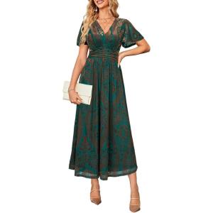 imageSimplee Womens V Neck Velvet Maxi Dress Short Sleeve Empire Waist Long Formal Dress for Wedding Guest4green Gold Floral