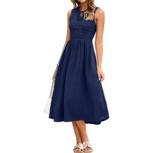imageSimplee Womens Summer Smocked Midi Sundress V Neck Sleeveess Boho A Line Sun Dress with PocketsNavy Blue