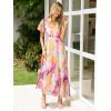 imageSimplee Womens Floral Maxi Dress Short Sleeve Summer Boho Wedding Guest Dress Empire Waist Chiffon Modest Midi DressesPink Yellow Floral