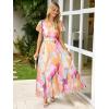 imageSimplee Womens Floral Maxi Dress Short Sleeve Summer Boho Wedding Guest Dress Empire Waist Chiffon Modest Midi DressesPink Yellow Floral