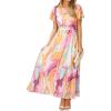 imageSimplee Womens Floral Maxi Dress Short Sleeve Summer Boho Wedding Guest Dress Empire Waist Chiffon Modest Midi DressesPink Yellow Floral