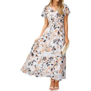 imageSimplee Womens Floral Maxi Dress Short Sleeve Summer Boho Wedding Guest Dress Empire Waist Chiffon Modest Midi DressesBeige Floral