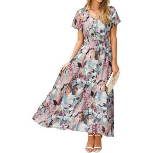 imageSimplee Womens Floral Maxi Dress Short Sleeve Summer Boho Wedding Guest Dress Empire Waist Chiffon Modest Midi DressesGreen Floral