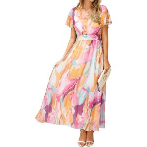imageSimplee Womens Floral Maxi Dress Short Sleeve Summer Boho Wedding Guest Dress Empire Waist Chiffon Modest Midi DressesPink Yellow Floral