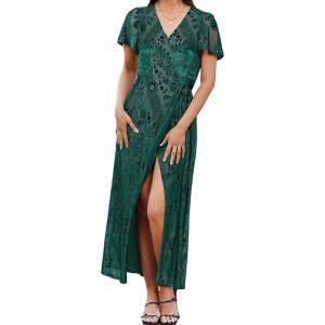 imageSimplee Womens Velvet Wrap Dress Short Sleeve High Split Fall Wedding Guest Dresses Long Formal Cocktail Party DressesGreen Floral