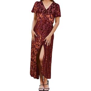 imageSimplee Womens Velvet Wrap Dress Short Sleeve High Split Fall Wedding Guest Dresses Long Formal Cocktail Party DressesRust Floral