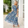 imageSimplee Womens Summer Floral Casual Maxi Dresses Flutter Short Sleeve Crew Neck Smocked Chiffon Boho Flowy Dress2 Dusty Blue
