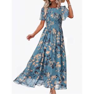 imageSimplee Womens Summer Floral Casual Maxi Dresses Flutter Short Sleeve Crew Neck Smocked Chiffon Boho Flowy Dress2 Dusty Blue