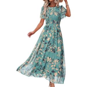 imageSimplee Womens Summer Floral Casual Maxi Dresses Flutter Short Sleeve Crew Neck Smocked Chiffon Boho Flowy Dress2 Lake Blue