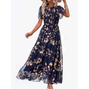 imageSimplee Womens Summer Floral Casual Maxi Dresses Flutter Short Sleeve Crew Neck Smocked Chiffon Boho Flowy Dress2 Navy Leaf 2