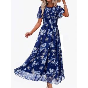 imageSimplee Womens Summer Floral Casual Maxi Dresses Flutter Short Sleeve Crew Neck Smocked Chiffon Boho Flowy DressFloral Blue 2