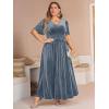 imageSimplee Womens V Neck Velvet Maxi Dress Short Sleeve Empire Waist Long Formal Dress for Wedding GuestPgrey Blue