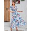 imageSimplee Womens Boho Floral Maxi Dress Flowy Casual V Neck Short Sleeve Wedding Guest Holiday Beach Long Dress1blue Green Floral