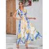 imageSimplee Womens Boho Floral Maxi Dress Flowy Casual V Neck Short Sleeve Wedding Guest Holiday Beach Long Dress1blue Orange Blend