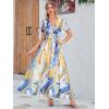 imageSimplee Womens Boho Floral Maxi Dress Flowy Casual V Neck Short Sleeve Wedding Guest Holiday Beach Long Dress1blue Orange Blend