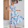 imageSimplee Womens Boho Floral Maxi Dress Flowy Casual V Neck Short Sleeve Wedding Guest Holiday Beach Long Dress1blue Pink Hydrangea