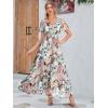 imageSimplee Womens Boho Floral Maxi Dress Flowy Casual V Neck Short Sleeve Wedding Guest Holiday Beach Long Dress1green Pink Floral
