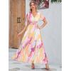 imageSimplee Womens Boho Floral Maxi Dress Flowy Casual V Neck Short Sleeve Wedding Guest Holiday Beach Long Dress1pink Orange Blend