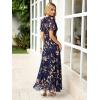 imageSimplee Womens Summer Floral Summer Maxi Dresses Boho Flowy Flutter Short Sleeve Crew Neck Vacation Smocked Chiffon Dress2 Navy Leaf 2