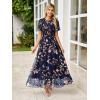 imageSimplee Womens Summer Floral Summer Maxi Dresses Boho Flowy Flutter Short Sleeve Crew Neck Vacation Smocked Chiffon Dress2 Navy Leaf 2