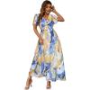 imageSimplee Womens Boho Floral Maxi Dress Flowy Casual V Neck Short Sleeve Wedding Guest Holiday Beach Long Dress1blue Orange Blend