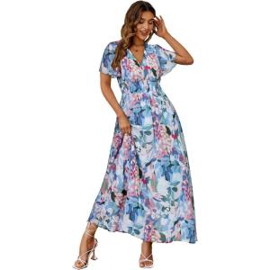 imageSimplee Womens Boho Floral Maxi Dress Flowy Casual V Neck Short Sleeve Wedding Guest Holiday Beach Long Dress1blue Green Floral