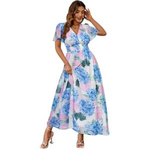 imageSimplee Womens Boho Floral Maxi Dress Flowy Casual V Neck Short Sleeve Wedding Guest Holiday Beach Long Dress1blue Pink Hydrangea