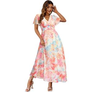 imageSimplee Womens Boho Floral Maxi Dress Flowy Casual V Neck Short Sleeve Wedding Guest Holiday Beach Long Dress1blue Yellow Red
