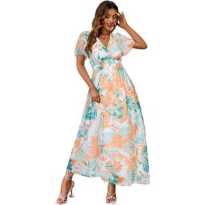 imageSimplee Womens Boho Floral Maxi Dress Flowy Casual V Neck Short Sleeve Wedding Guest Holiday Beach Long Dress1green Orange