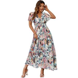 imageSimplee Womens Boho Floral Maxi Dress Flowy Casual V Neck Short Sleeve Wedding Guest Holiday Beach Long Dress1green Pink Floral