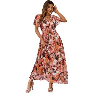 imageSimplee Womens Boho Floral Maxi Dress Flowy Casual V Neck Short Sleeve Wedding Guest Holiday Beach Long Dress1pink Orange Floral