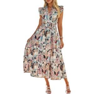 imageSimplee Womens Summer Floral Mixi Dress V Neck Ruffle Short Sleeve Flowy Dress Boho Casual Beach Long Dresses 2026Green Floral