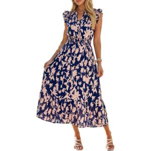 imageSimplee Womens Summer Floral Mixi Dress V Neck Ruffle Short Sleeve Flowy Dress Boho Casual Beach Long Dresses 2026Navy Blue Apricot Floral