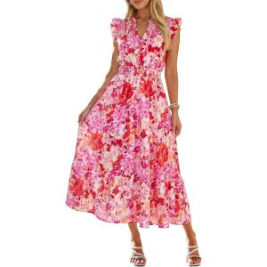 imageSimplee Womens Summer Floral Mixi Dress V Neck Ruffle Short Sleeve Flowy Dress Boho Casual Beach Long Dresses 2026Red Floral
