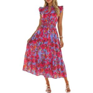imageSimplee Womens Summer Floral Mixi Dress V Neck Ruffle Short Sleeve Flowy Dress Boho Casual Beach Long Dresses 2026Rose Red Blue Floral