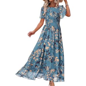 imageSimplee Womens Summer Floral Summer Maxi Dresses Boho Flowy Flutter Short Sleeve Crew Neck Vacation Smocked Chiffon Dress2 Dusty Blue