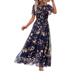 imageSimplee Womens Summer Floral Summer Maxi Dresses Boho Flowy Flutter Short Sleeve Crew Neck Vacation Smocked Chiffon Dress2 Navy Leaf 2